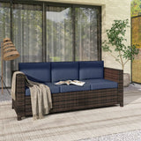 Outsunny 3-Seater Rattan Garden Sofa – Weather-Resistant Outdoor Sofa with Cushions, Dark Blue