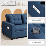 HOMCOM Two-Seater Pull-Out Sofa Bed with 3-Level Backrest and Cup Holders – 3-in-1 Loveseat, Dark Blue
