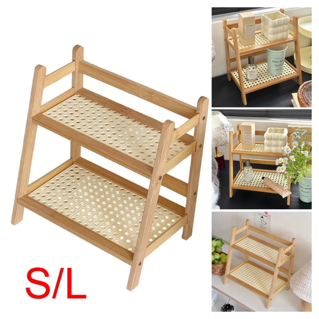 2-Tier Wooden Countertop Organiser Rack – Multipurpose Kitchen Storage Shelf, Large
