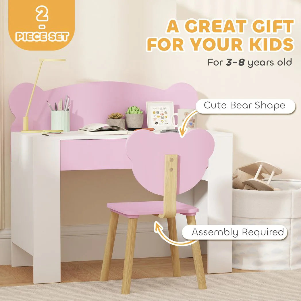 AIYAPLAY Kids Desk and Chair Set with Drawer and Bear Theme – Children's Study Table for Bedroom or Daycare, Pink