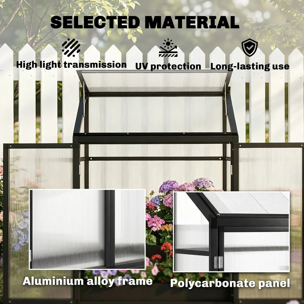 Outsunny Lean-to Polycarbonate Greenhouse 4 x 2ft with 2 Hinged Doors & Top Vent, Aluminium Frame, Black