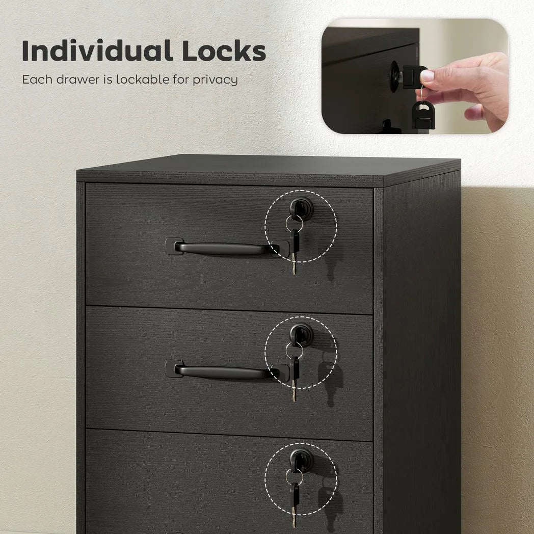 HOMCOM Three-Drawer Lockable Filing Cabinet with Wheels – Wood-Effect Under Desk Office Storage, Black