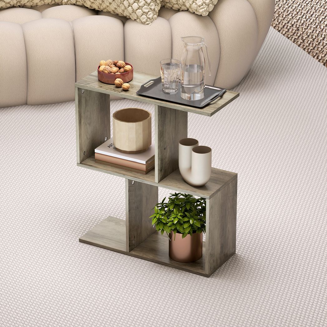 HOMCOM S-Shaped Narrow Side Table with 3-Tier Storage Shelves – Slim Living Room End Table, 50W x 19.5D x 58H cm, Grey