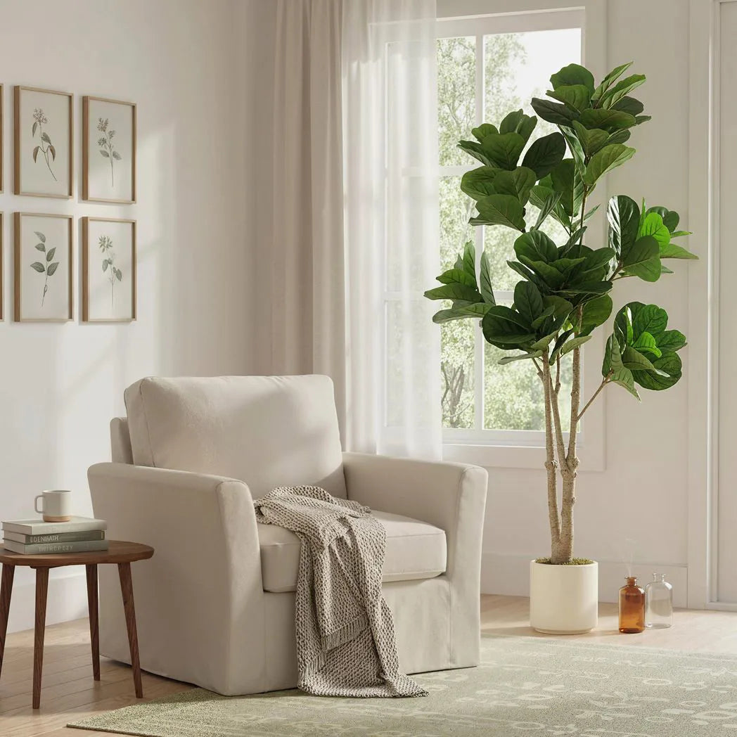 HOMCOM 180cm Artificial Fiddle Leaf Fig Tree with 98 Leaves and White Pot – Lifelike Faux Plant, Green