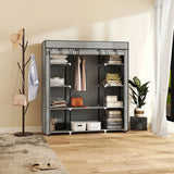 HOMCOM Foldable Wardrobe with 10 Shelves and Hanging Rail – Portable Fabric Clothes Organiser, Light Grey