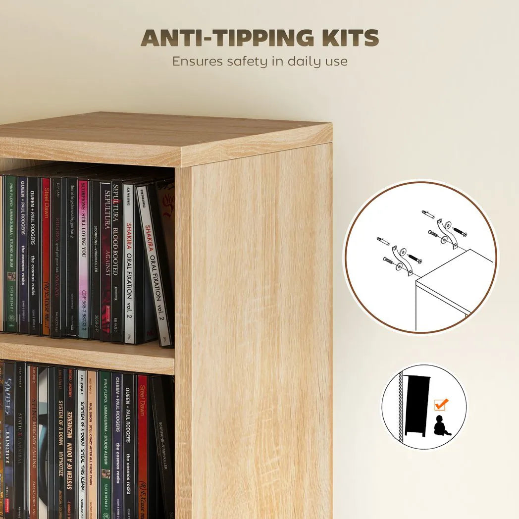 HOMCOM Set of 2 CD and Media Storage Tower Shelves with Adjustable Shelves and Anti-Tip Kits – Oak