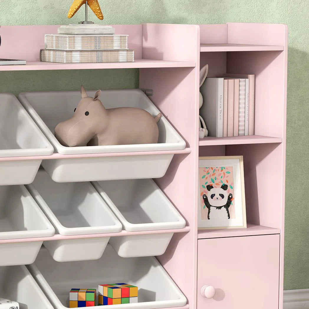 AIYAPLAY Kids Toy Storage Unit with 8 Removable Bins and Bookshelf – Toy Organiser, Pink