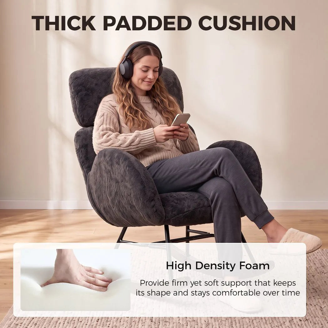 HOMCOM Upholstered Rocking Chair with Adjustable Headrest – Raindrop Velvet Rocker, Rubberwood Legs, Dark Grey