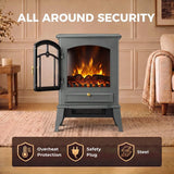 HOMCOM 1000/2000W Electric Fireplace Stove with 3D Flame Log and Thermostat – Freestanding Heater, Grey