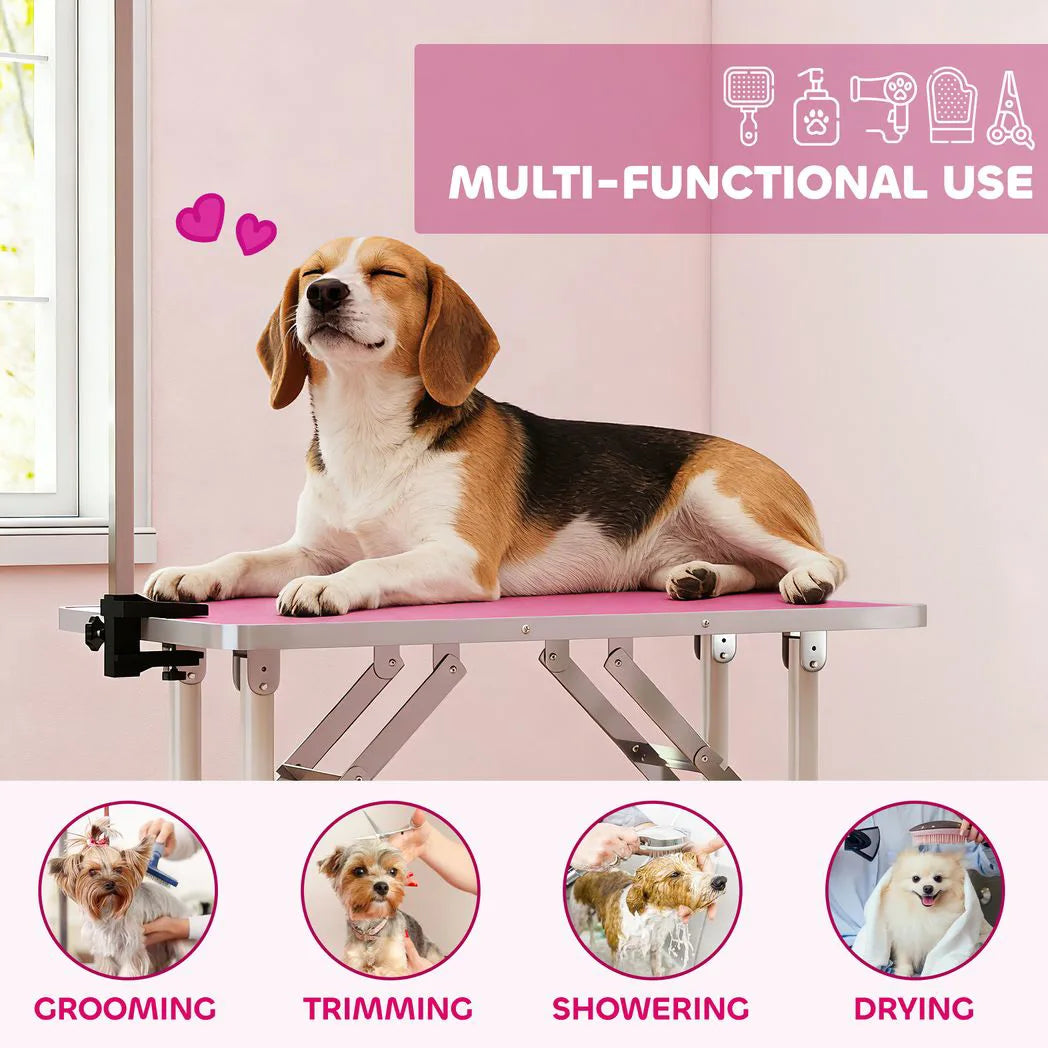 PawHut Foldable Dog Grooming Table with Adjustable Arm, Non-Slip Rubber Top and Noose – Pet Drying Table, 81cm, Pink