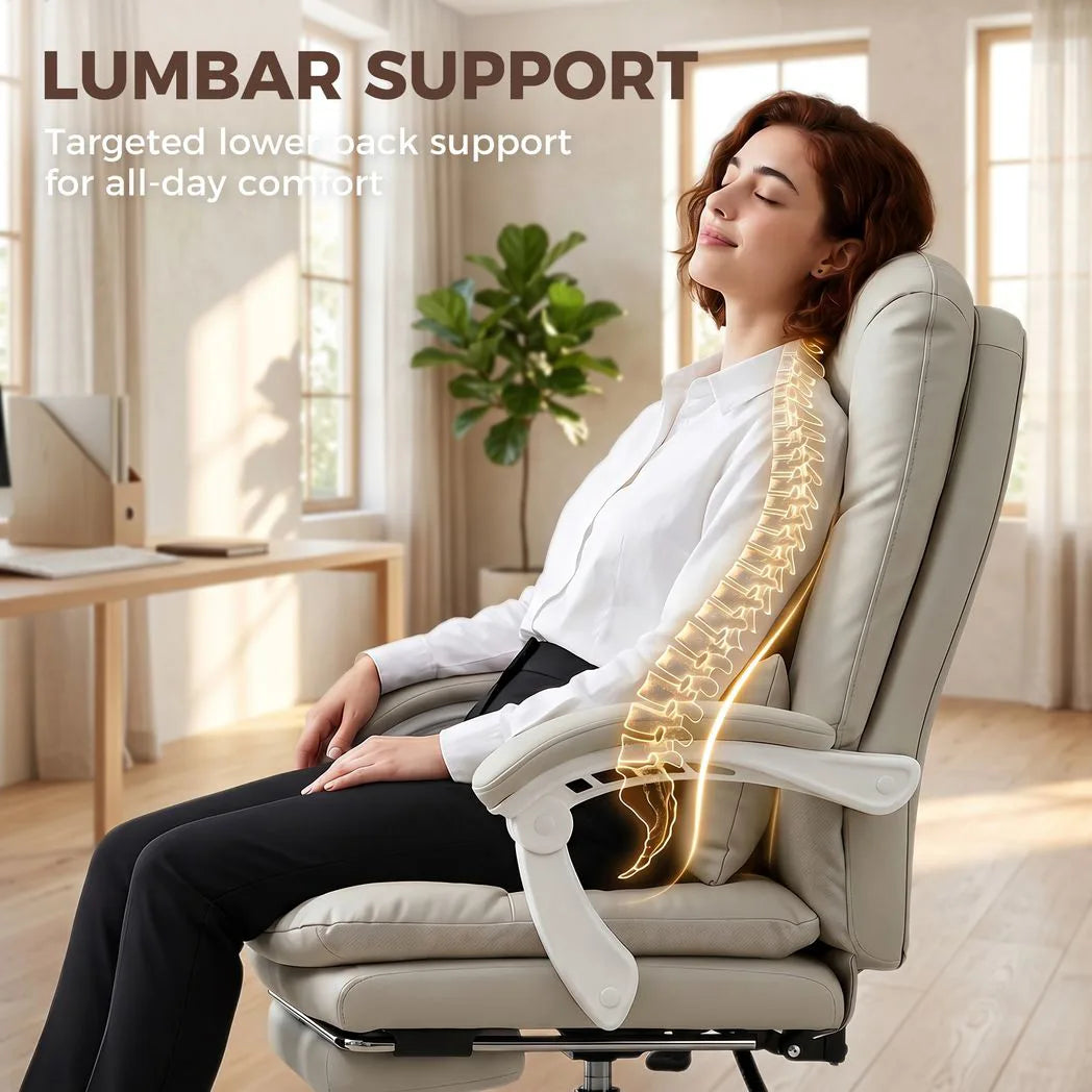 HOMCOM Executive Office Chair with 155° Recline, Footrest & Lumbar Pillow – PU Leather, Khaki