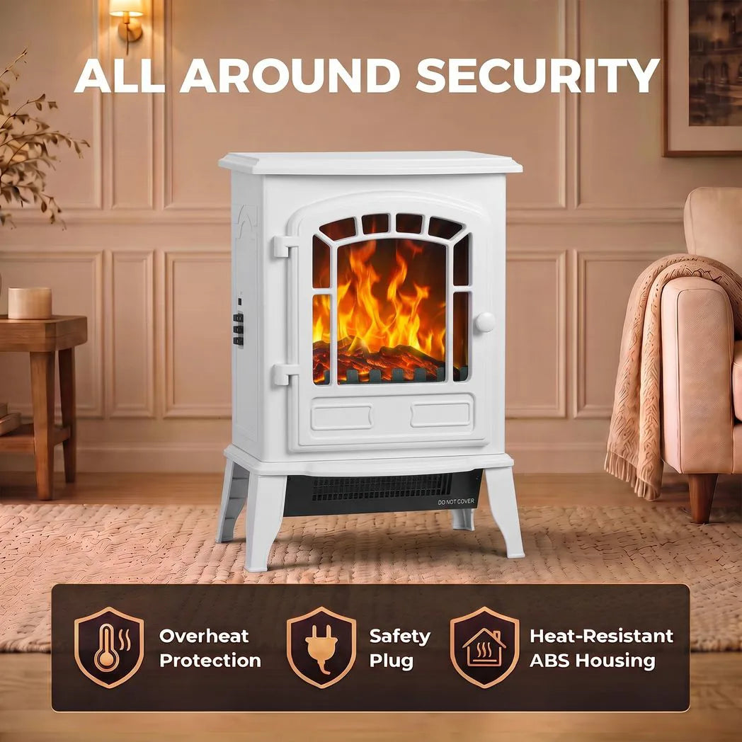 HOMCOM Electric Fireplace Stove, 1000W/2000W Freestanding Fire with LED Flame Effect & Thermostat – White