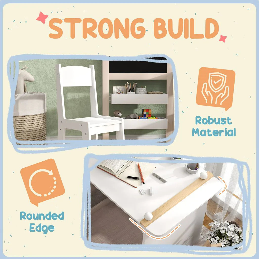 AIYAPLAY 3-in-1 Kids Table and Chair Set with Storage, Whiteboard and Blackboard – Ages 3-8, White