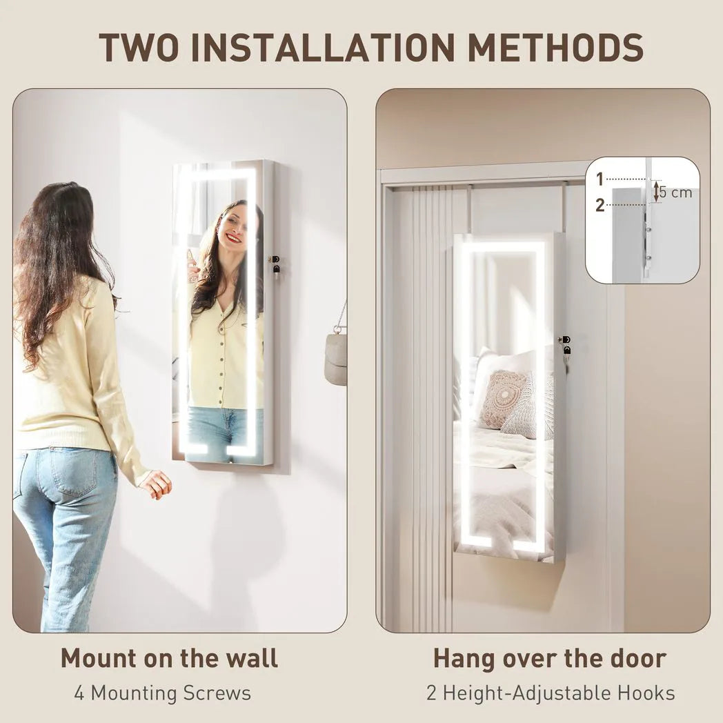 HOMCOM Wall Mounted LED Mirror Jewellery Cabinet, Full Length and Lockable – Over-Door Organiser, White