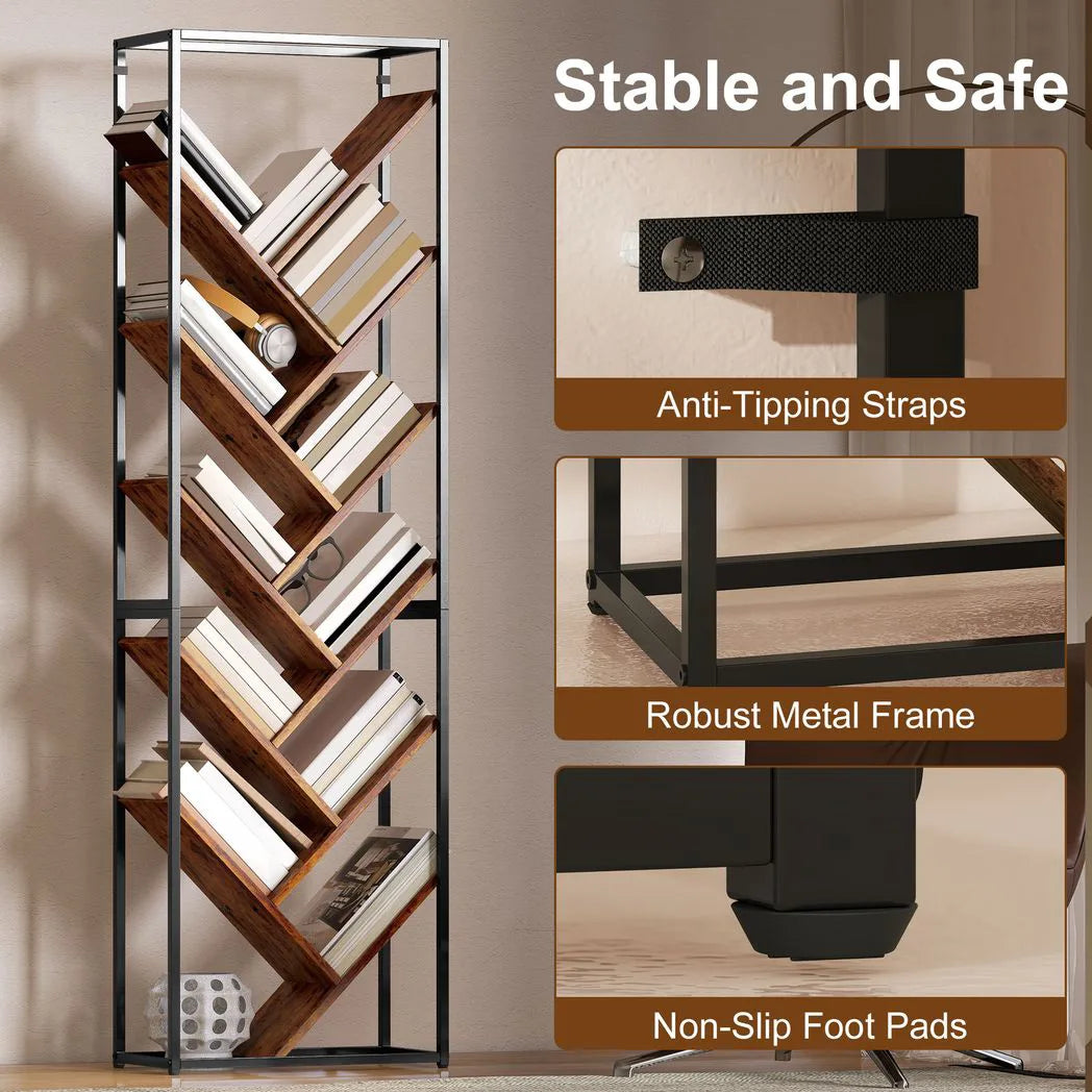 HOMCOM 10-Shelf Industrial-Style Tree Bookshelf with Metal Frame and Anti-Tipping Straps – Black/Brown