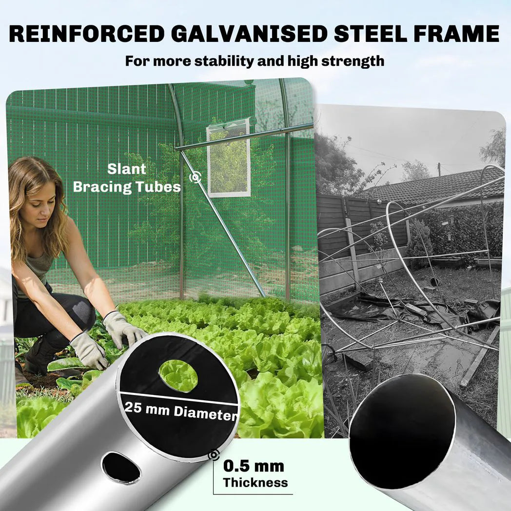 Outsunny 2 x 3m Walk-In Polytunnel Greenhouse with Hinged Door and 6 Roll-Up Windows – Garden Tunnel, Green