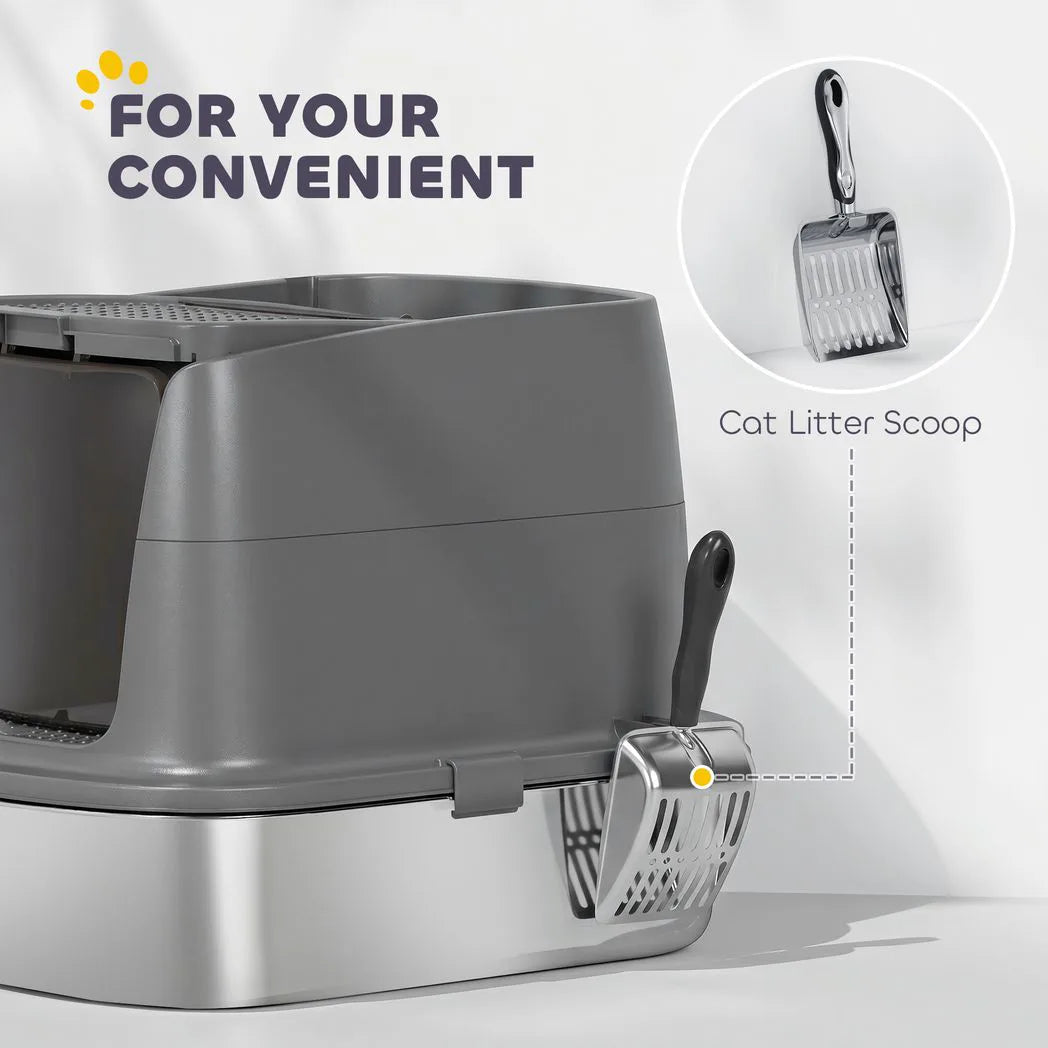 PawHut Large Stainless Steel Cat Litter Box with Lid, Scoop and Deodoriser Bag – Front Entry, Top Exit