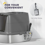 PawHut Large Stainless Steel Cat Litter Box with Lid, Scoop and Deodoriser Bag – Front Entry, Top Exit
