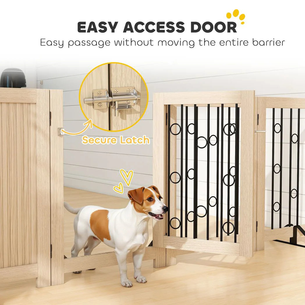 PawHut 4 Panel Freestanding Dog Gate with Lockable Door and Support Feet – Foldable Indoor Barrier, Oak