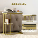 HOMCOM C-Shaped Narrow Side Table with 2-Tier Storage – Slim Sofa Table or Nightstand, White Marble Effect