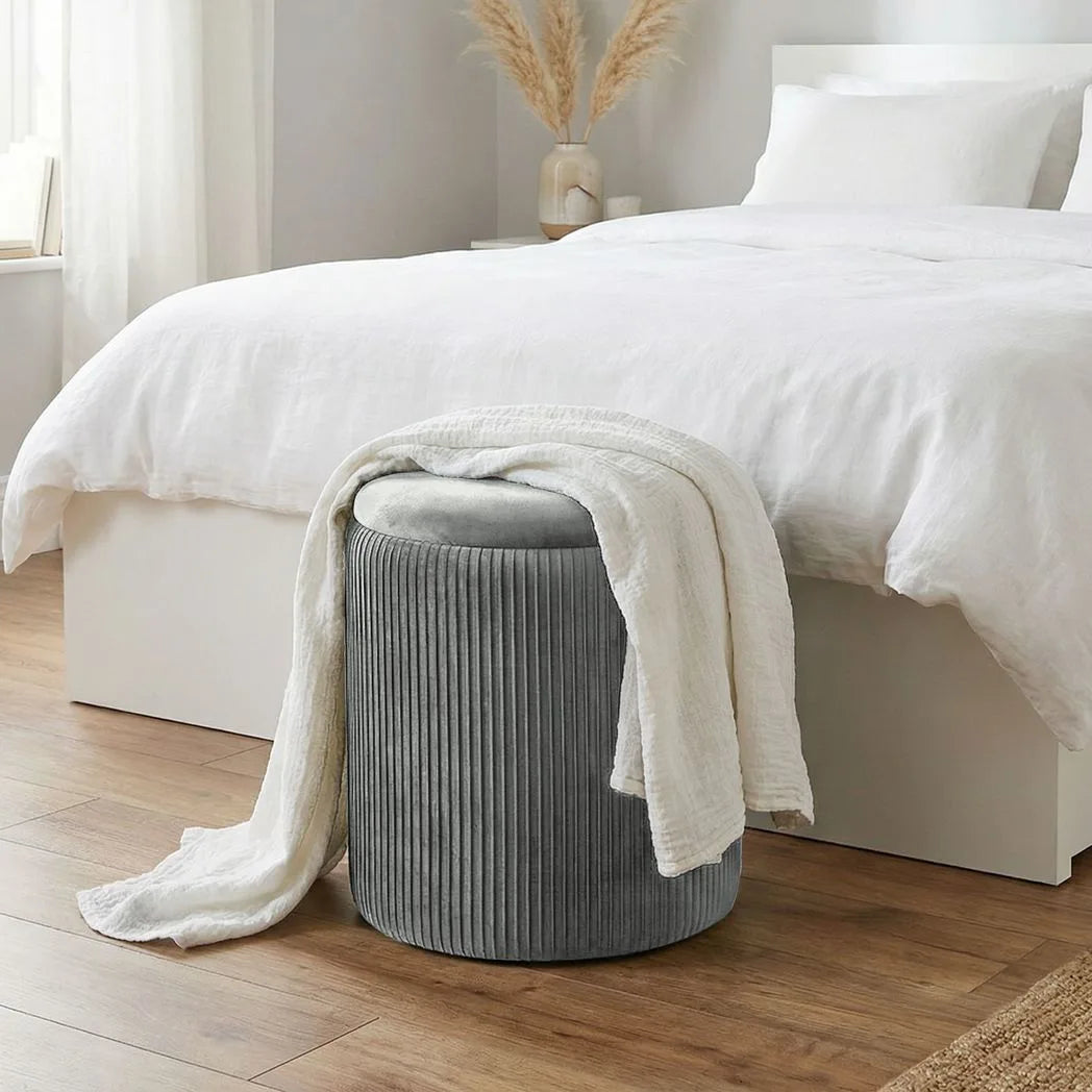 HOMCOM Round Velvet Storage Ottoman with Flip Lid Tray Top, 45 cm Footstool – Living Room, Grey