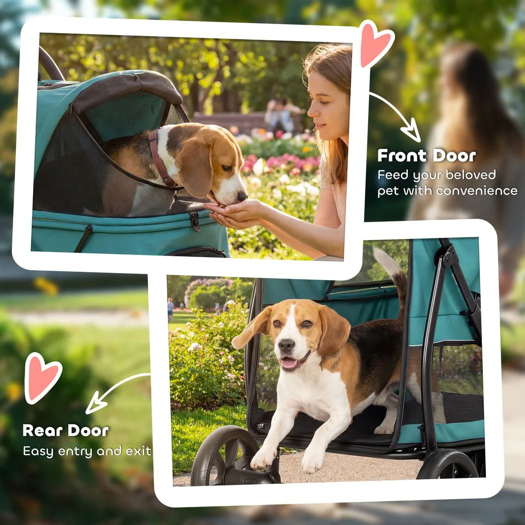 PawHut 3-Wheel Dog Stroller with Dual Entry, One-Click Fold, Mesh Windows – Pet Pram for Dogs up to 20kg