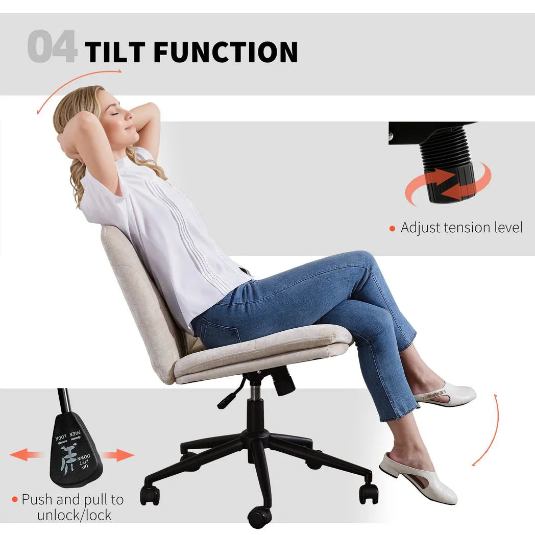 HOMCOM Criss Cross Chair with Wheels, Armless Chenille Office Chair – Tilting, Height Adjustable, Beige