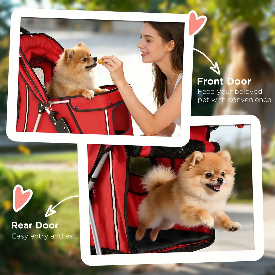 PawHut Dog Pram Pet Stroller with Reflective Strips and 360° Swivel Wheels – Foldable Travel Buggy, Red