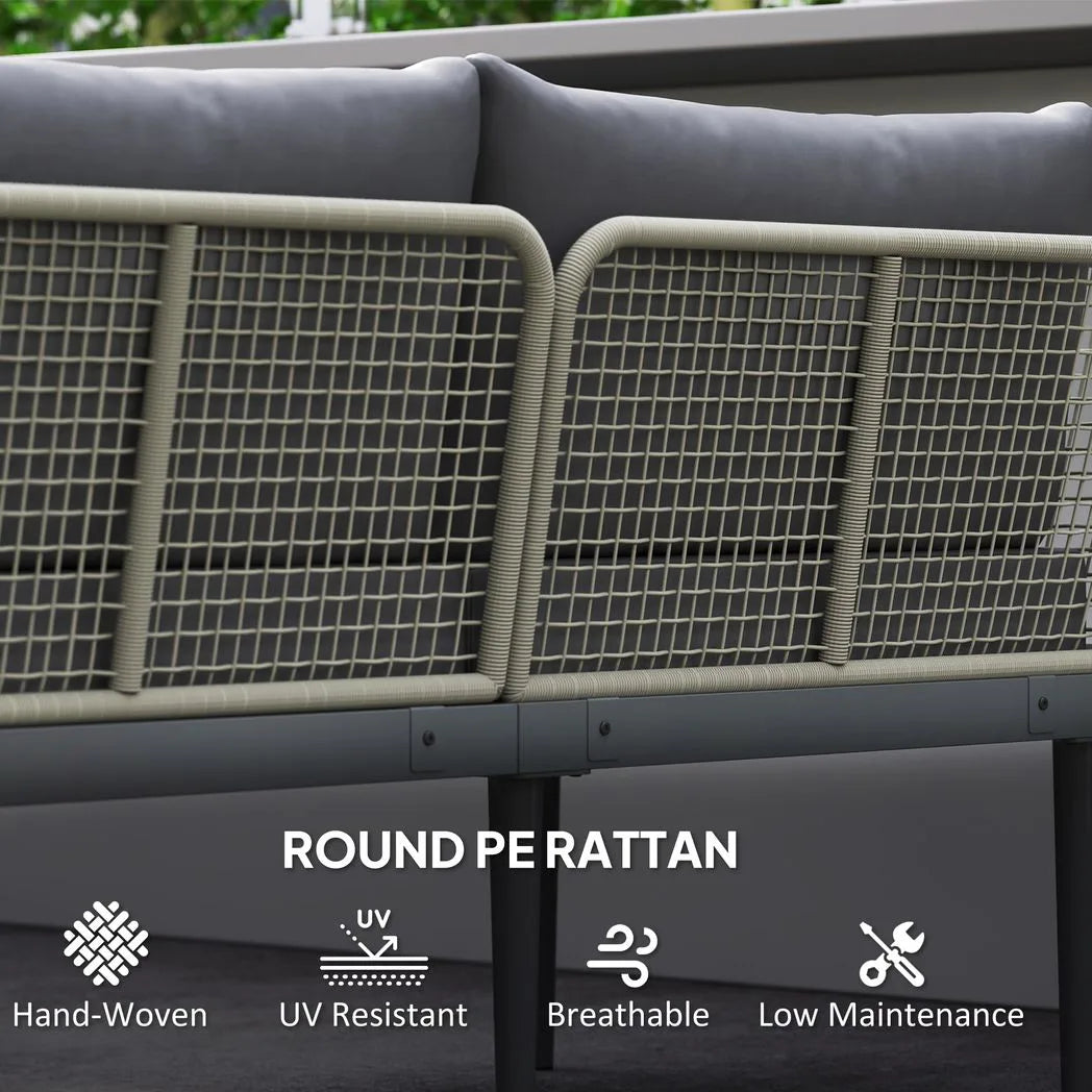 Outsunny Three-Piece L-Shaped Rattan Garden Sofa Set with Wood-Top Coffee Table and Thick Cushions – Grey