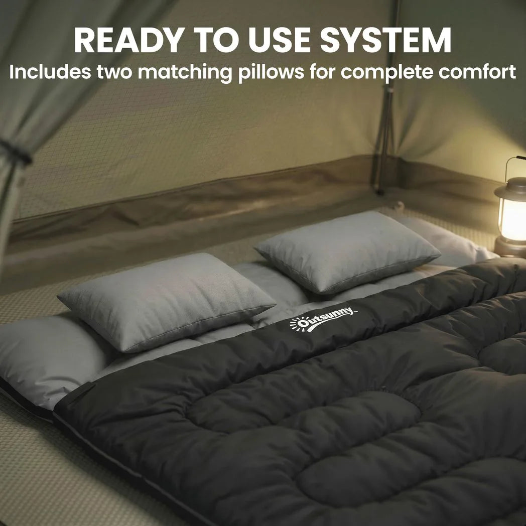 Outsunny Double Sleeping Bag with 2 Pillows, 220 x 160 cm – Extra-Large Convertible Camping Bag for Adults, Black