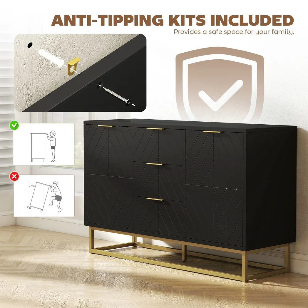 HOMCOM Sideboard with 3 Drawers, 2-Door Cabinet and Adjustable Shelves, Gold-Tone Base, Black