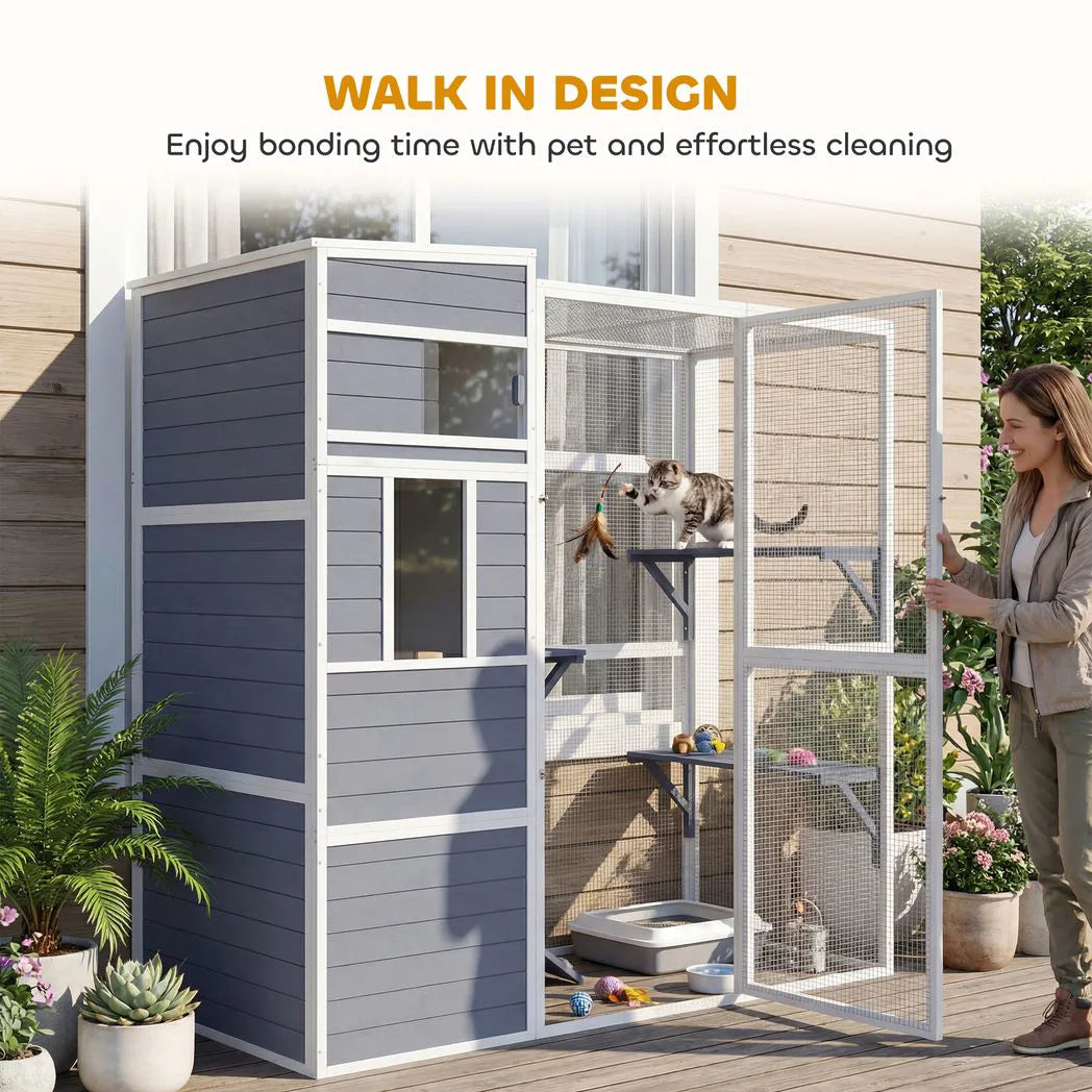 PawHut 4-Tier Wooden Catio Outdoor Cat Enclosure with Sun Roof, Resting Rooms, 3 Platforms & Window, Grey