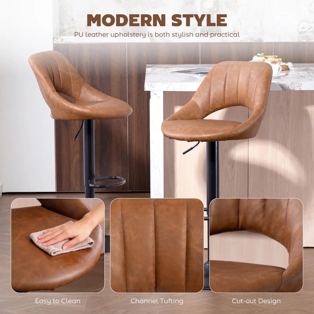 HOMCOM Set of 2 PU Leather Swivel Bar Stools with Backrest and Footrest – Adjustable Height, Brown
