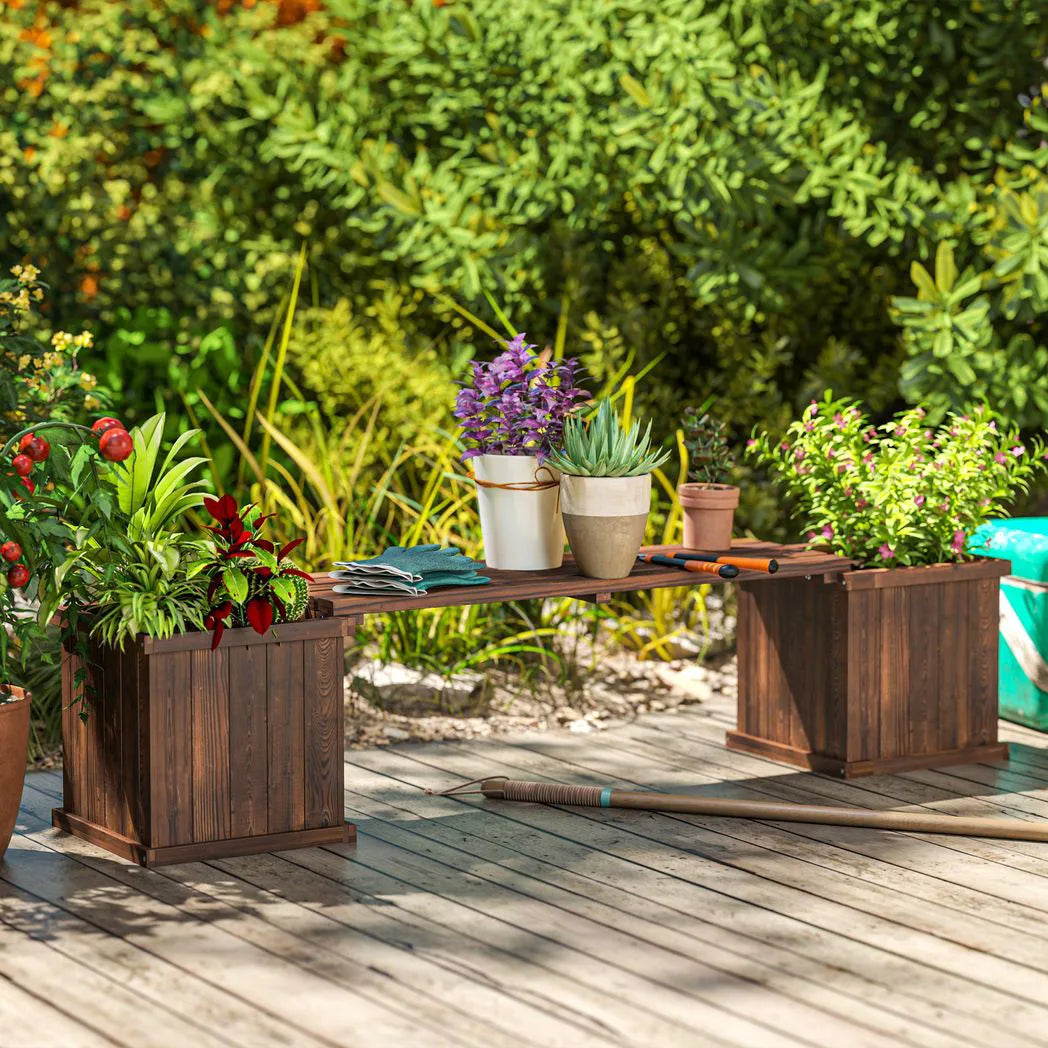 Outsunny Wooden Planter & Bench Combination with Raised Beds, Carbonised Finish – Patio Seating, 176cm