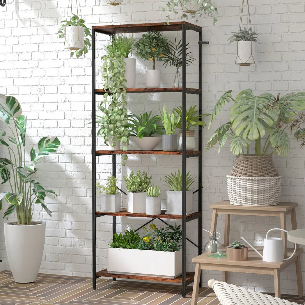 HOMCOM 5-Tier Industrial Bookcase with Metal Frame and Anti-Tipping Straps – Display Shelf, Rustic Brown and Black