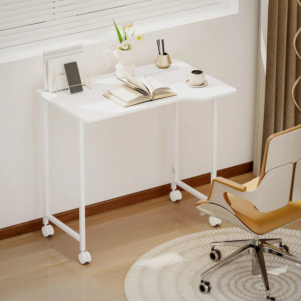 HOMCOM Small Folding Desk with 4 Lockable Wheels & Device Slot – Space-Saving Study Desk, White Wood-Effect