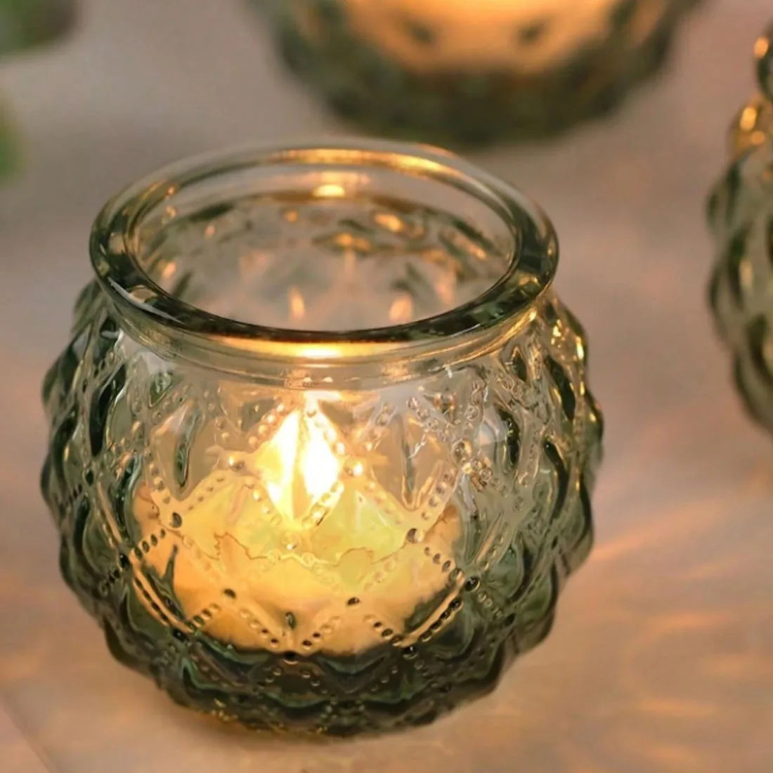Set of 6 Green Glass Round Tealight Candle Holders – Modern Thick Glass Votives