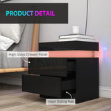 HOMCOM Set of 2 Bedside Tables with LED Light & 2 Drawers – High Gloss Nightstands for Bedroom, Black