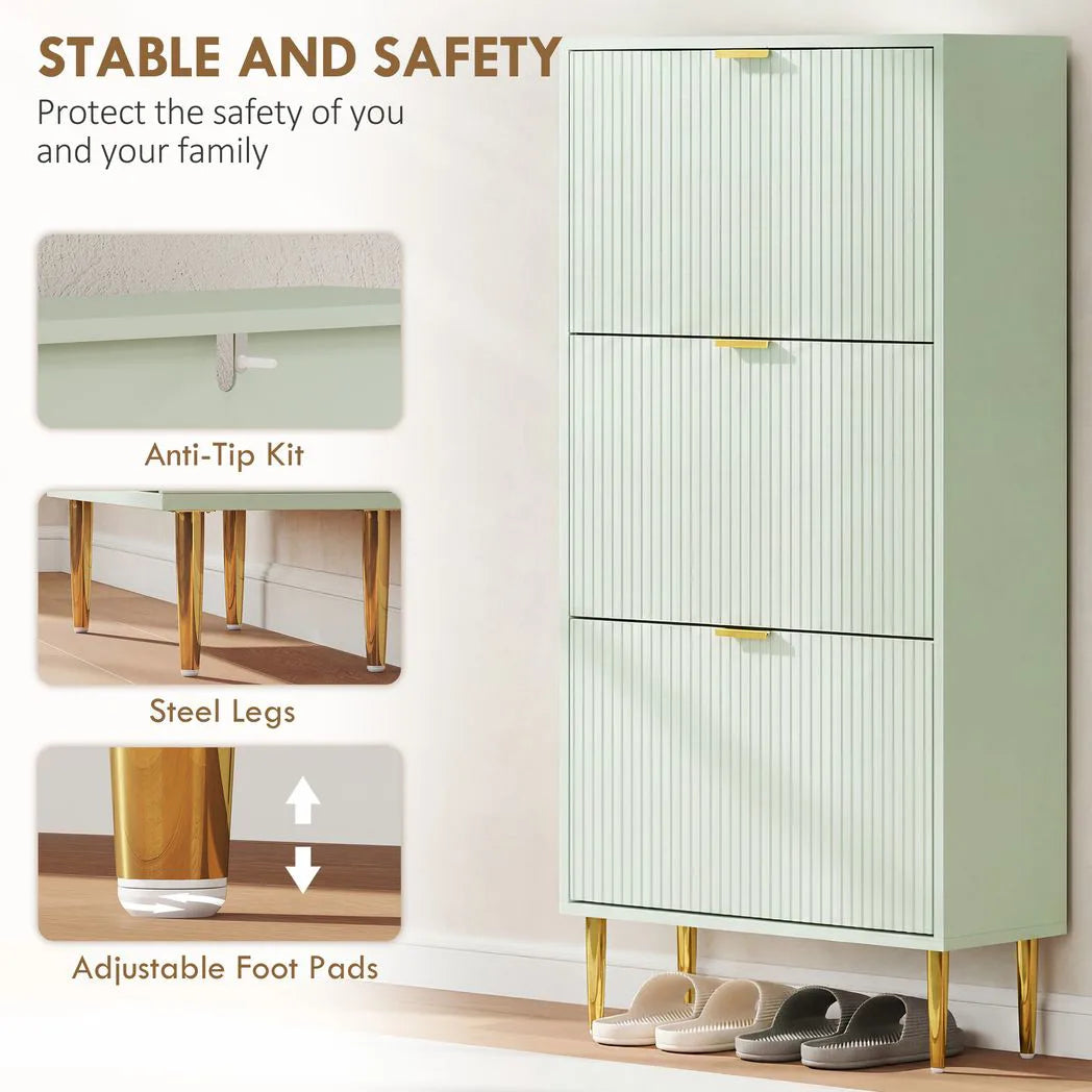 HOMCOM Slim 3-Drawer Shoe Cabinet with Gold Accents, 122.5 x 60 x 24cm, Light Green