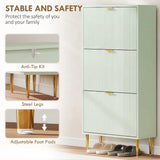 HOMCOM Slim 3-Drawer Shoe Cabinet with Gold Accents, 122.5 x 60 x 24cm, Light Green