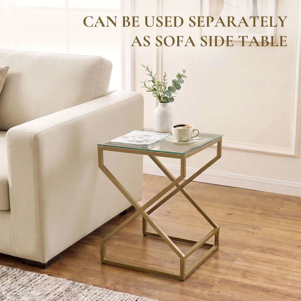 HOMCOM Nest of 2 Tables with Tempered Glass Tops and Golden Legs – Side and Coffee Table Set, Transparent