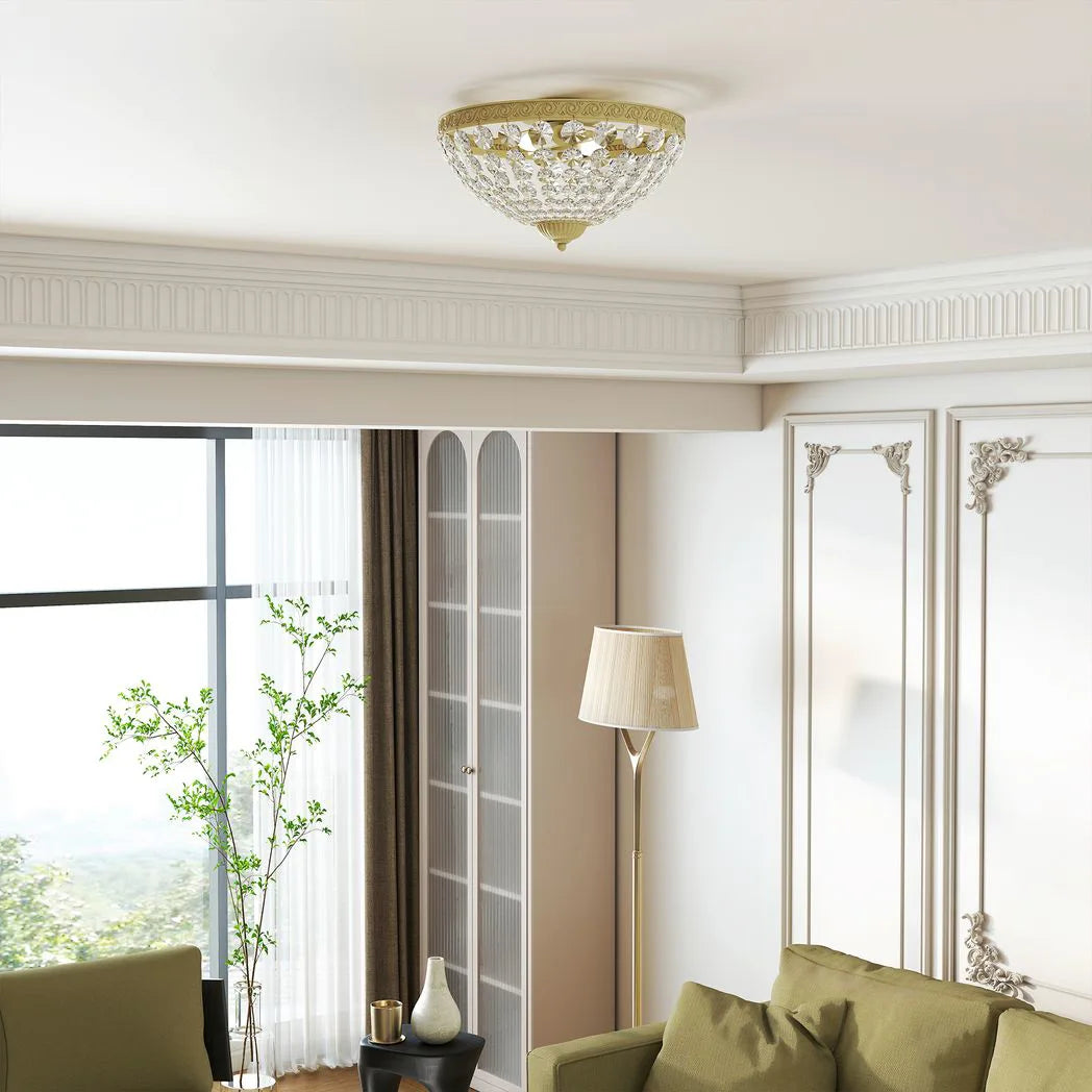 HOMCOM 2-Light Crystal Chandelier Flush Mount Ceiling Light with 168 Octagonal Beads – Vintage, Gold Tone