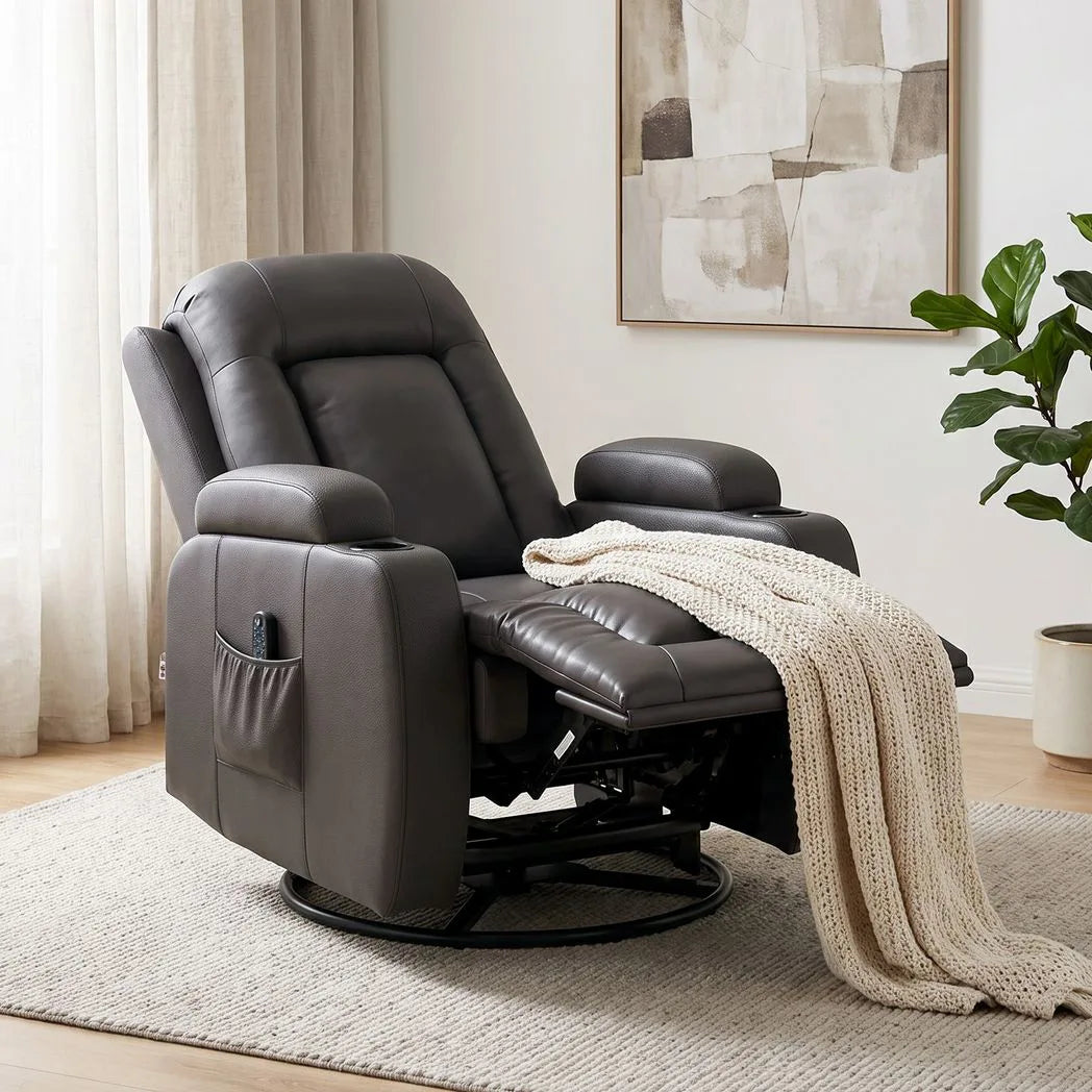 HOMCOM PU Leather Massage Recliner Chair with Heat, Extended Footrest, Cup Holders & Side Pockets – Dark Brown