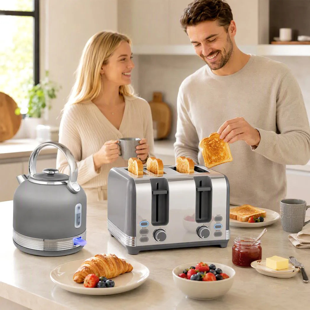 HOMCOM 1.7L 3000W Stainless Steel Kettle and 4-Slice Toaster Set with 7 Browning Levels – Cordless Fast Boil, Grey