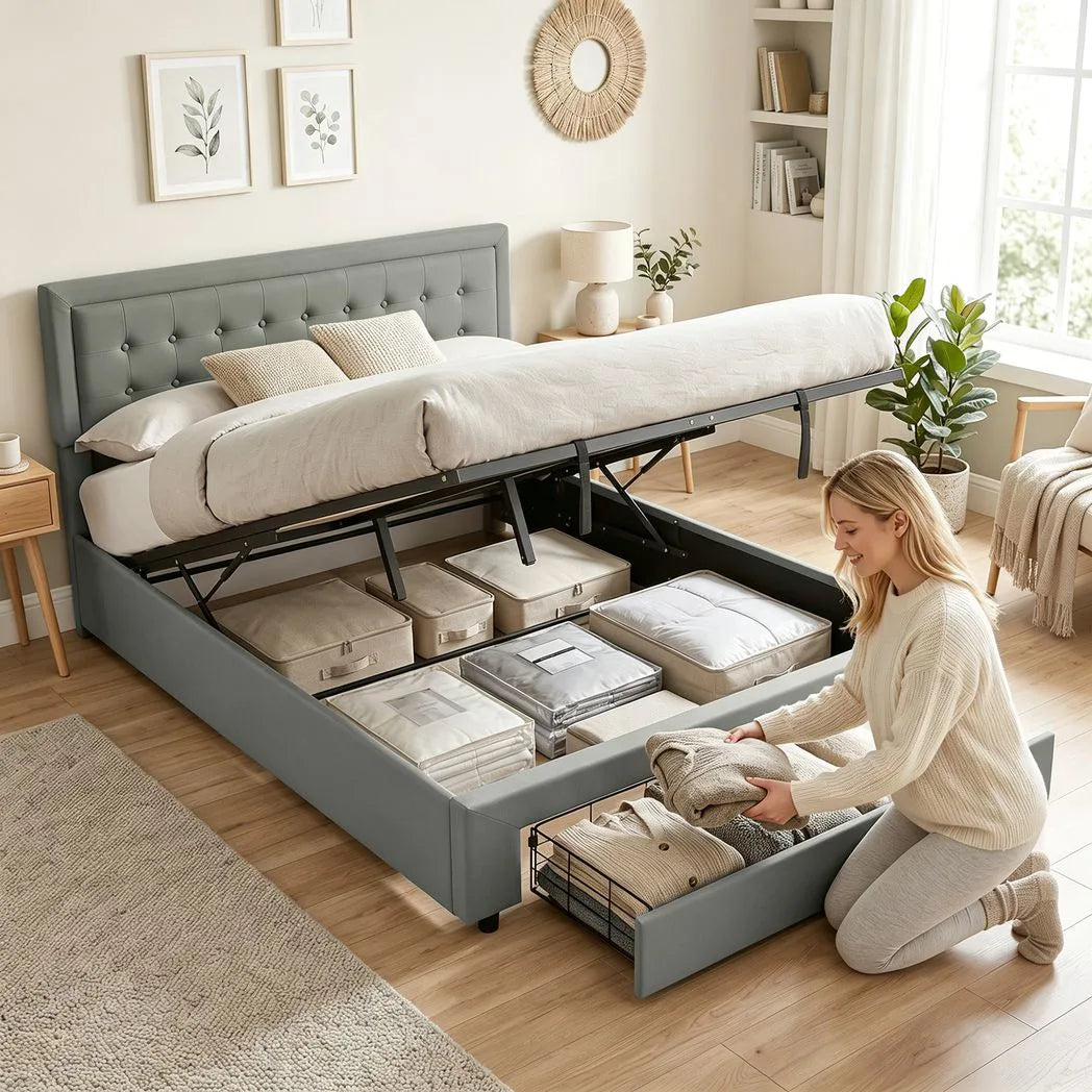 HOMCOM King Size PU Leather Ottoman Bed Frame with Front Drawer and Adjustable Headboard – Gas Lift, Grey