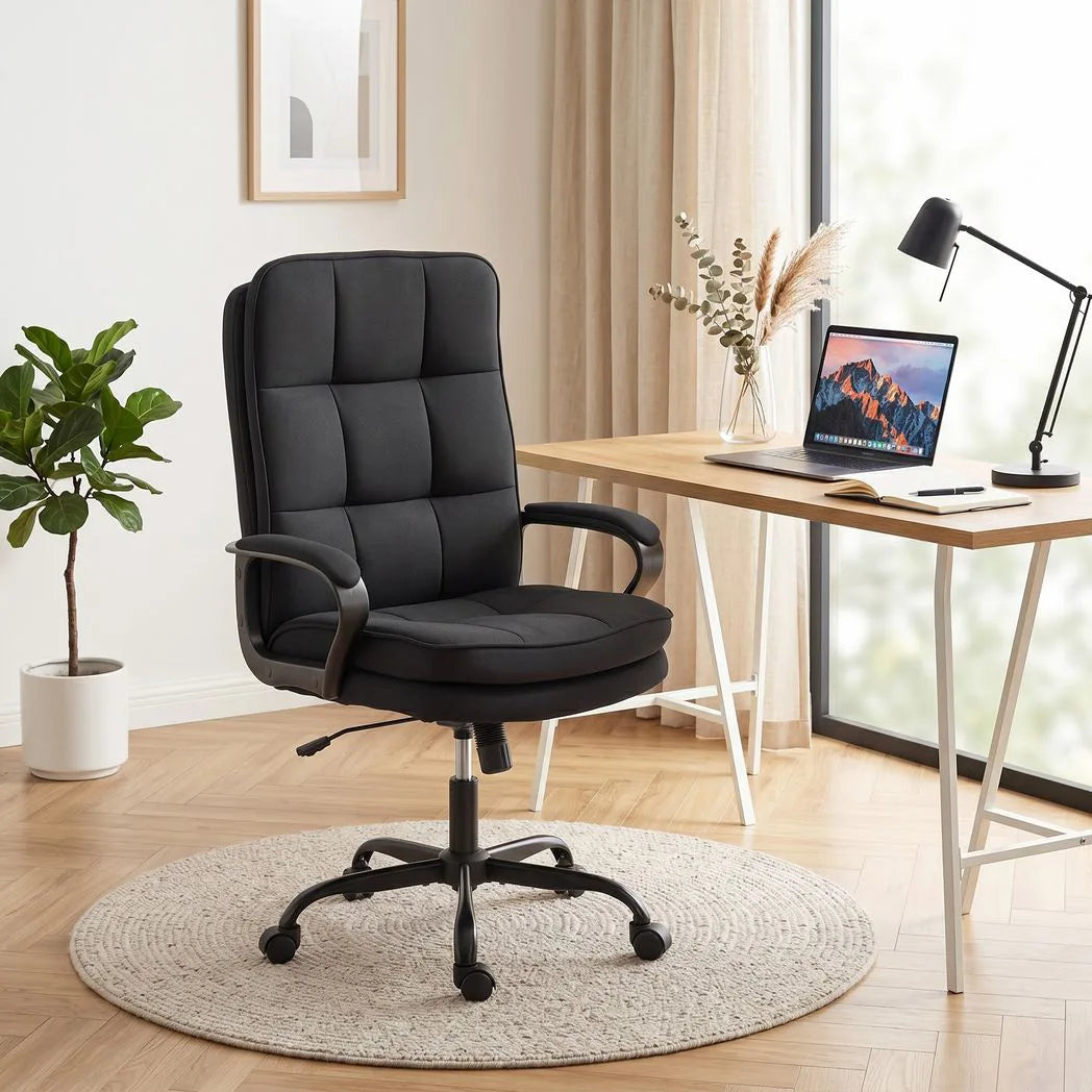 HOMCOM Double Padded Office Chair, Linen-Look Fabric, 60cm High Back, Height Adjustable and Rocking – Black