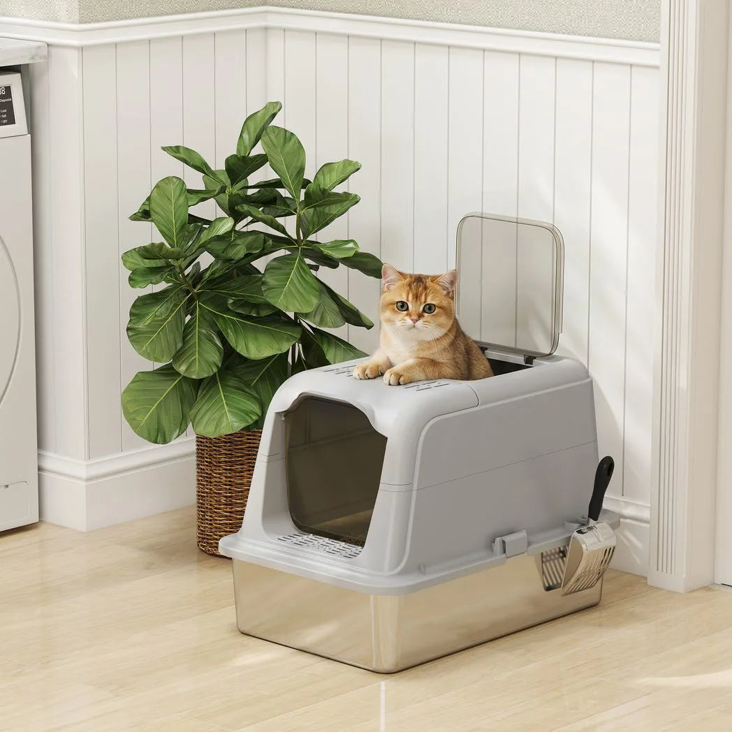 PawHut Extra Large Stainless Steel Enclosed Cat Litter Box with Scoop – Front-Entry and Top-Exit Tray