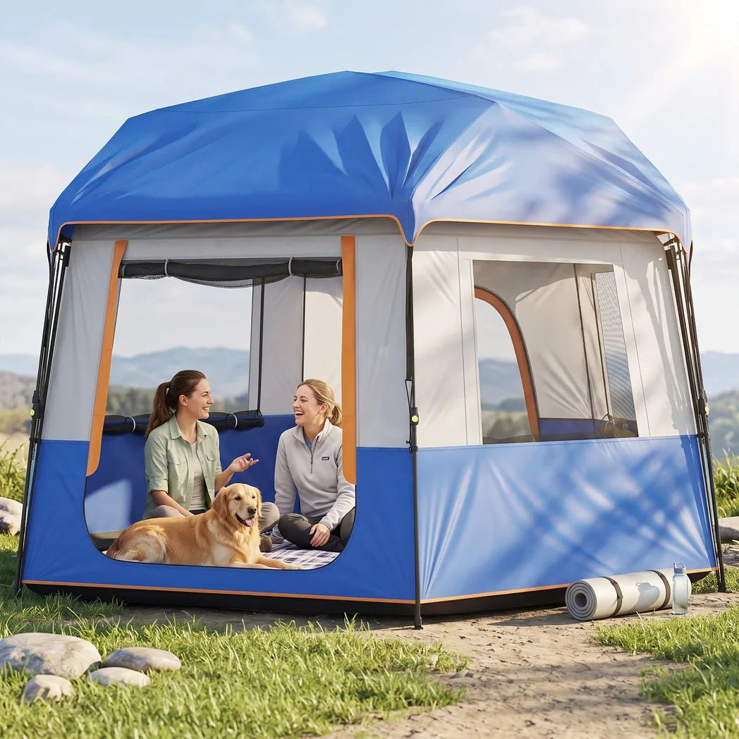 Outsunny 4 Person Cabin Tent with Easy Setup Frame, 3000mm Waterproof & Removable Roof – Family Camping Tent, Blue