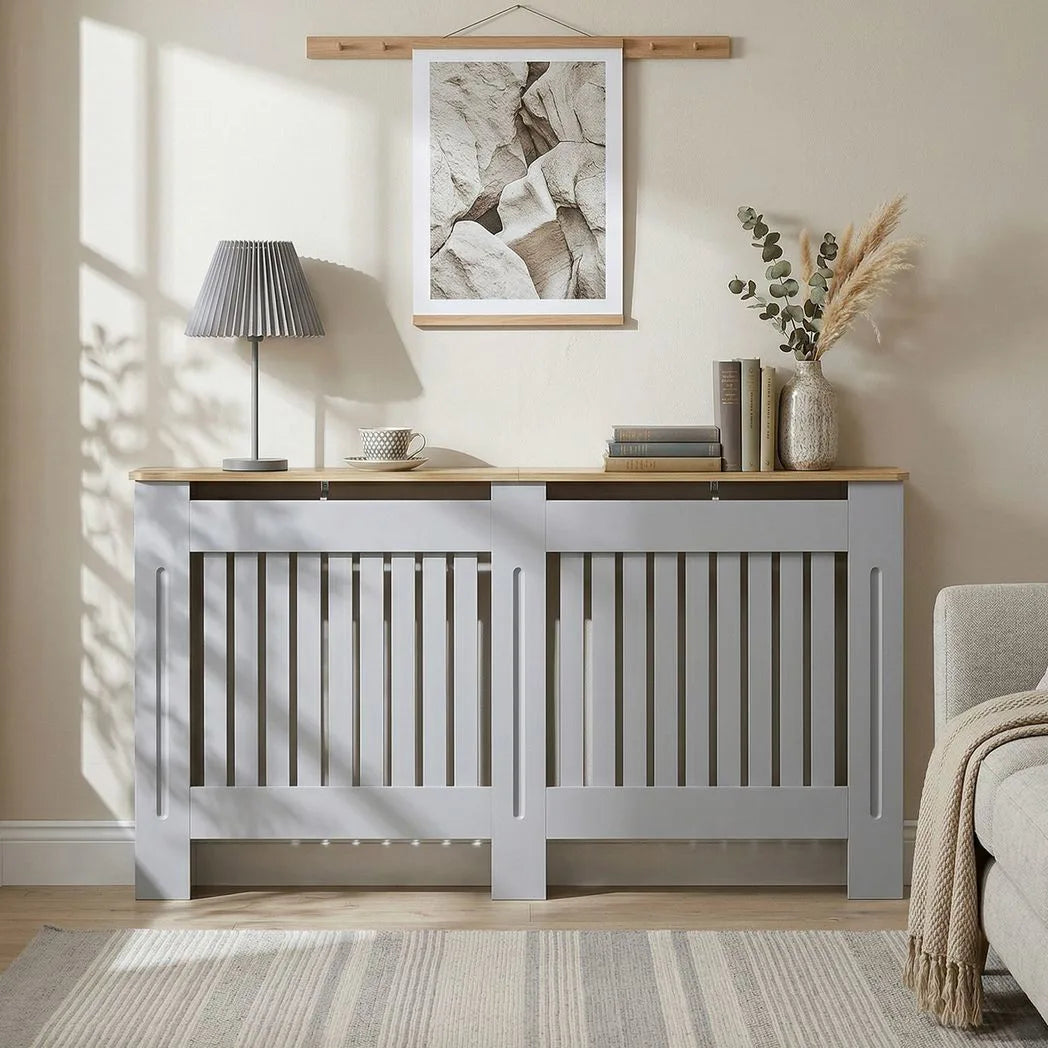 HOMCOM 152cm Slatted Radiator Cover, Painted Cabinet with Line Grill Design and Top Shelf – Grey