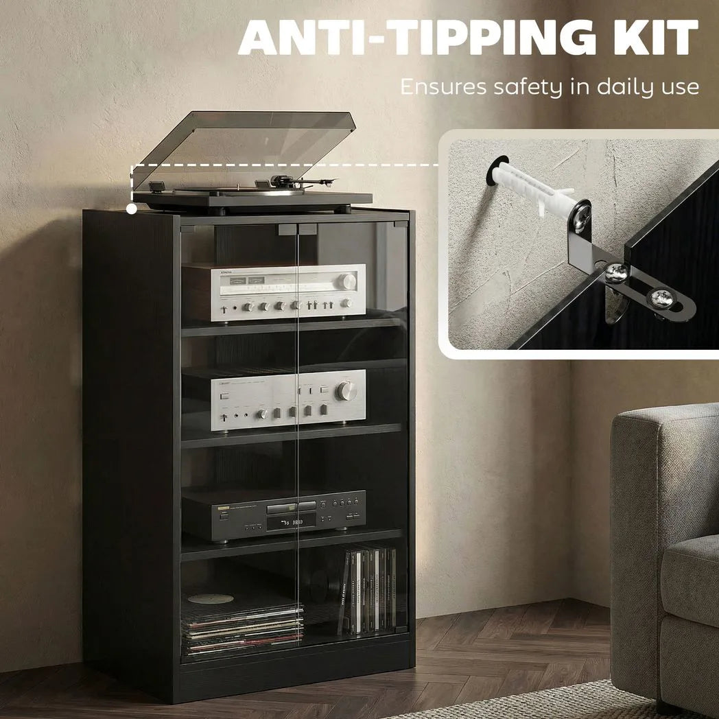 HOMCOM 4-Tier Hi-Fi Stand with Push-to-Open Glass Doors and Adjustable Shelves – Record Player Stand, Black Wood-Effect